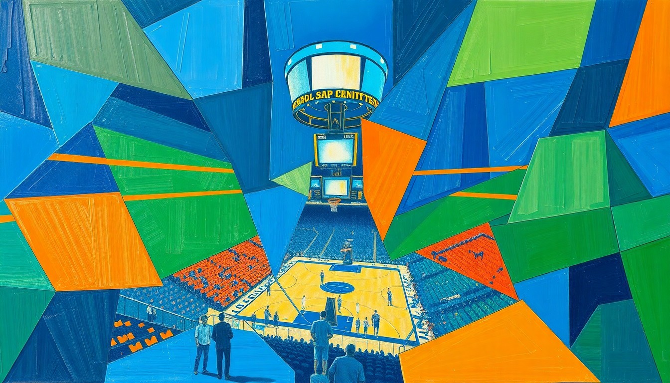 A cubist, geometric painting depicting a fragmented, multi-perspective view of a basketball game, with sharp, overlapping planes of blue, orange, and green, conceptually representing the lack of energy and excitement at the San Jose arena.