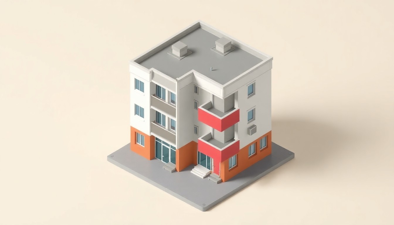 A detailed, isometric 3D digital illustration depicting a modern, angular four-story residential building with bright, contrasting colors, clean lines, and a bird's-eye perspective to showcase the building's architecture and layout.