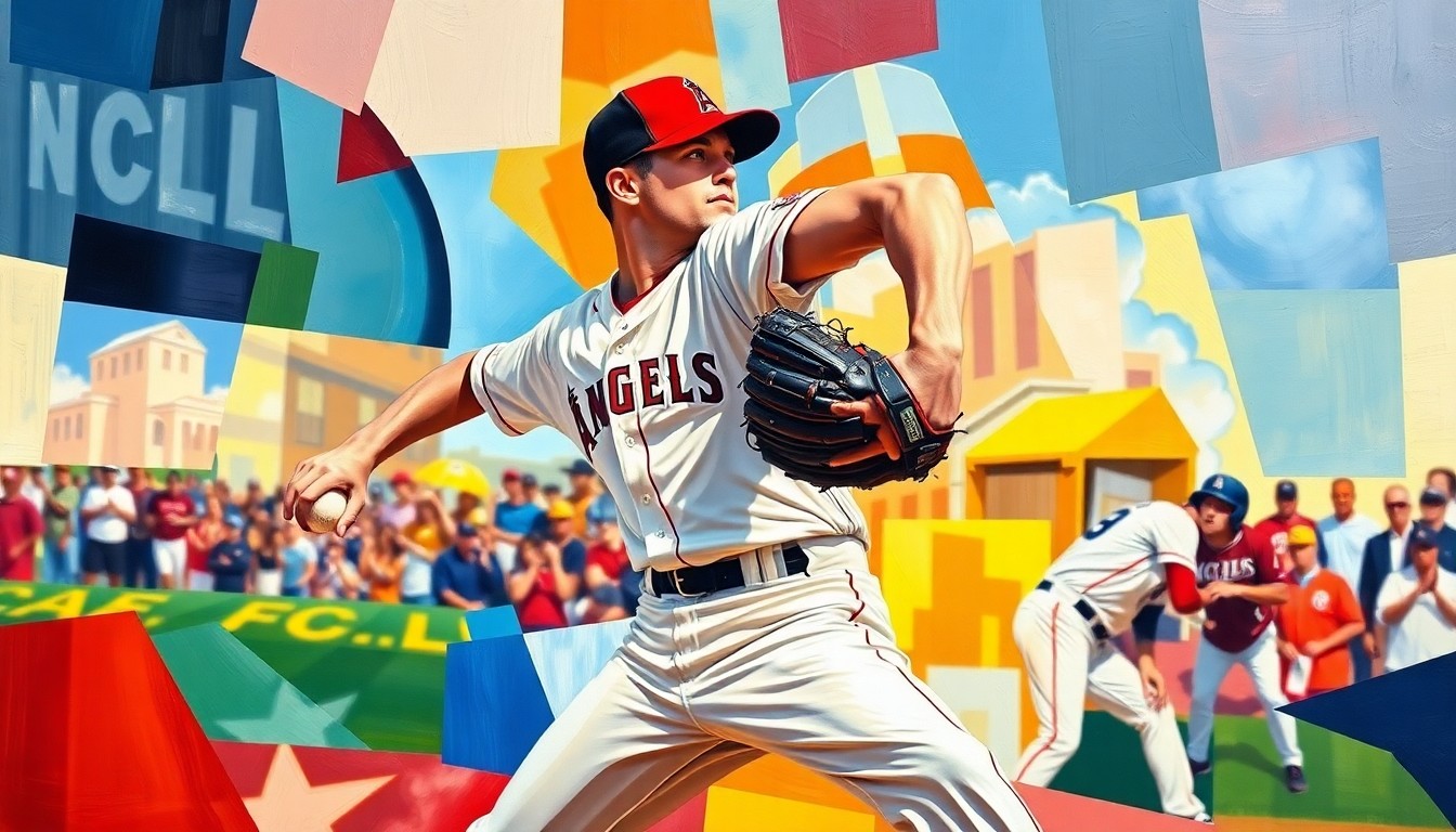 A fragmented, geometric painting depicting the motion of a baseball pitcher's delivery, with the bright colors of the Angels and Astros uniforms visible through the abstract shapes.