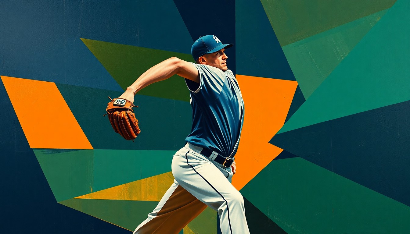 A fragmented, geometric painting depicting a baseball pitcher's windup and delivery, with sharp planes of navy, forest green, and burnt orange colors.