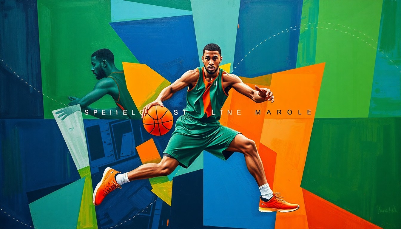 A fractured, geometric painting depicting the movements and actions of a basketball player, rendered in a cubist style with sharp, overlapping planes of color.