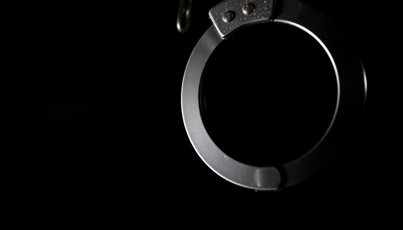 An extreme close-up photograph of a set of handcuffs against a pitch-black background, the metal surface reflecting a harsh, direct camera flash, creating a stark, investigative aesthetic.