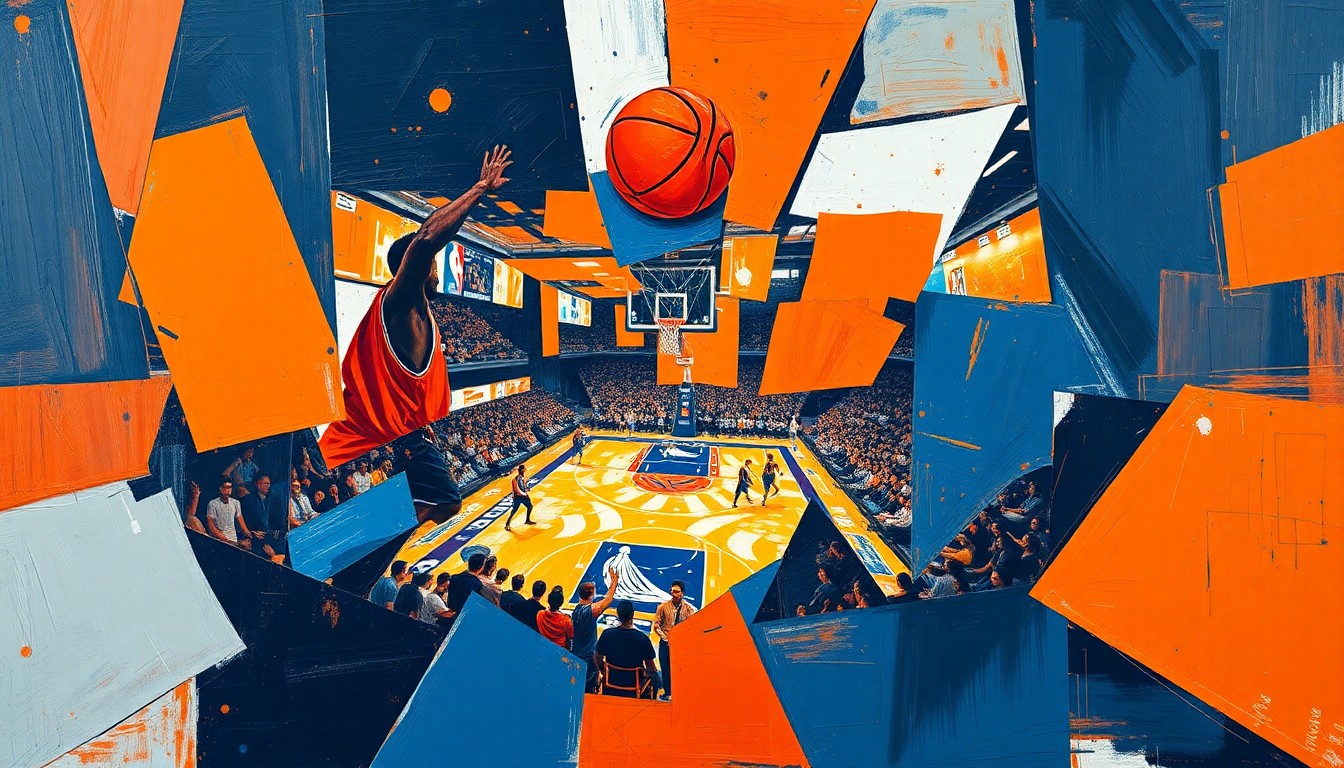 A cubist, geometric painting depicting a basketball game or match, with sharp, overlapping planes of color and form representing the dynamic action and energy of the sport.