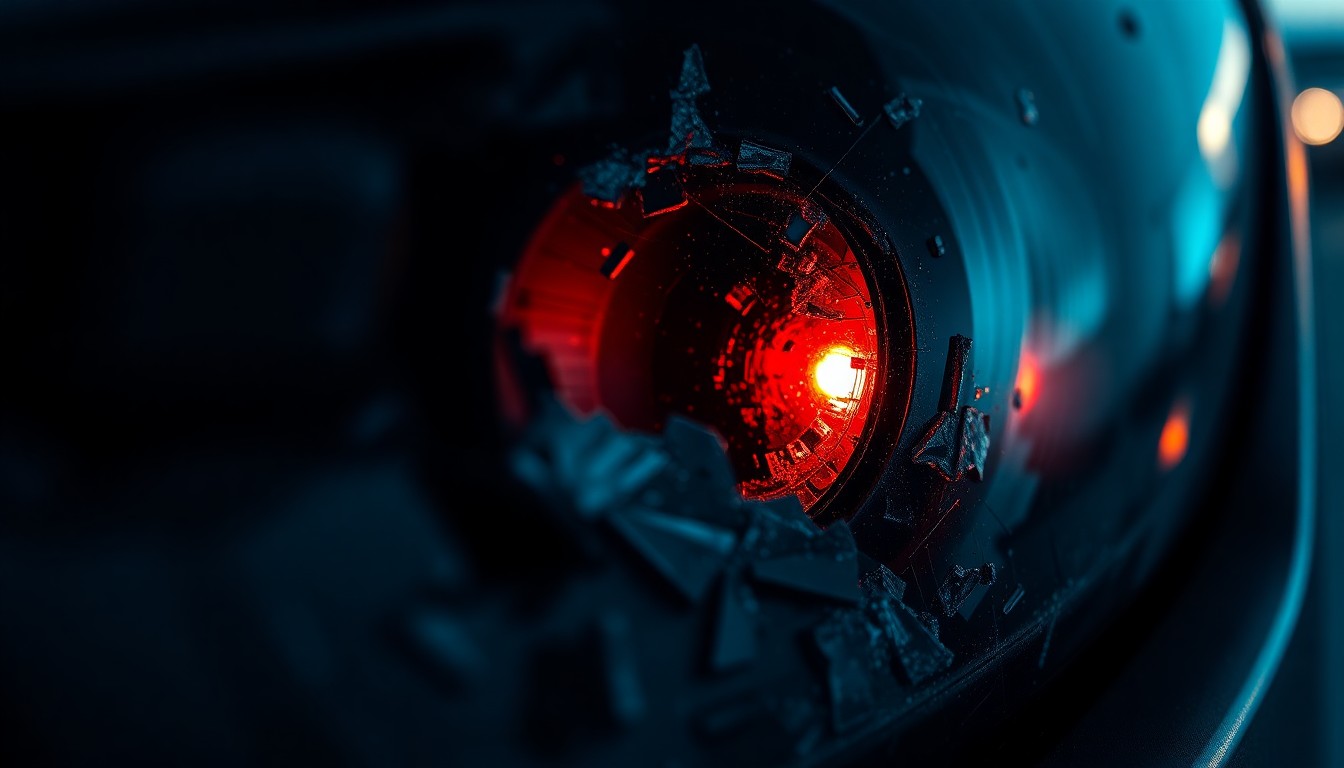 An extreme close-up photograph of a shattered car sensor lens reflecting a faint red light, conceptually illustrating the aftermath of a deadly vehicular crime.