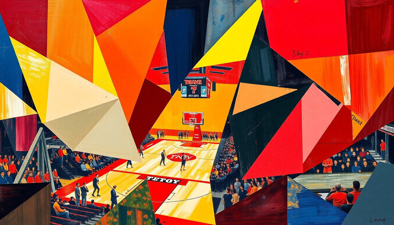 A cubist, fragmented painting depicting a college basketball game, with the action broken down into sharp, overlapping geometric shapes in the team colors of Troy University.