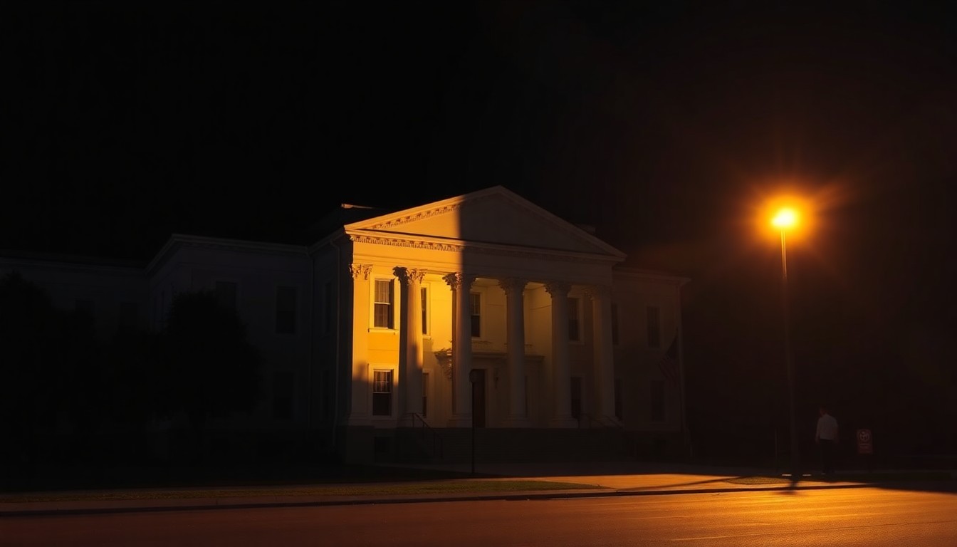 A dimly lit, cinematic painting of a government building in Tallahassee, Florida, with warm sunlight and deep shadows, conveying a sense of quiet contemplation and civic duty.