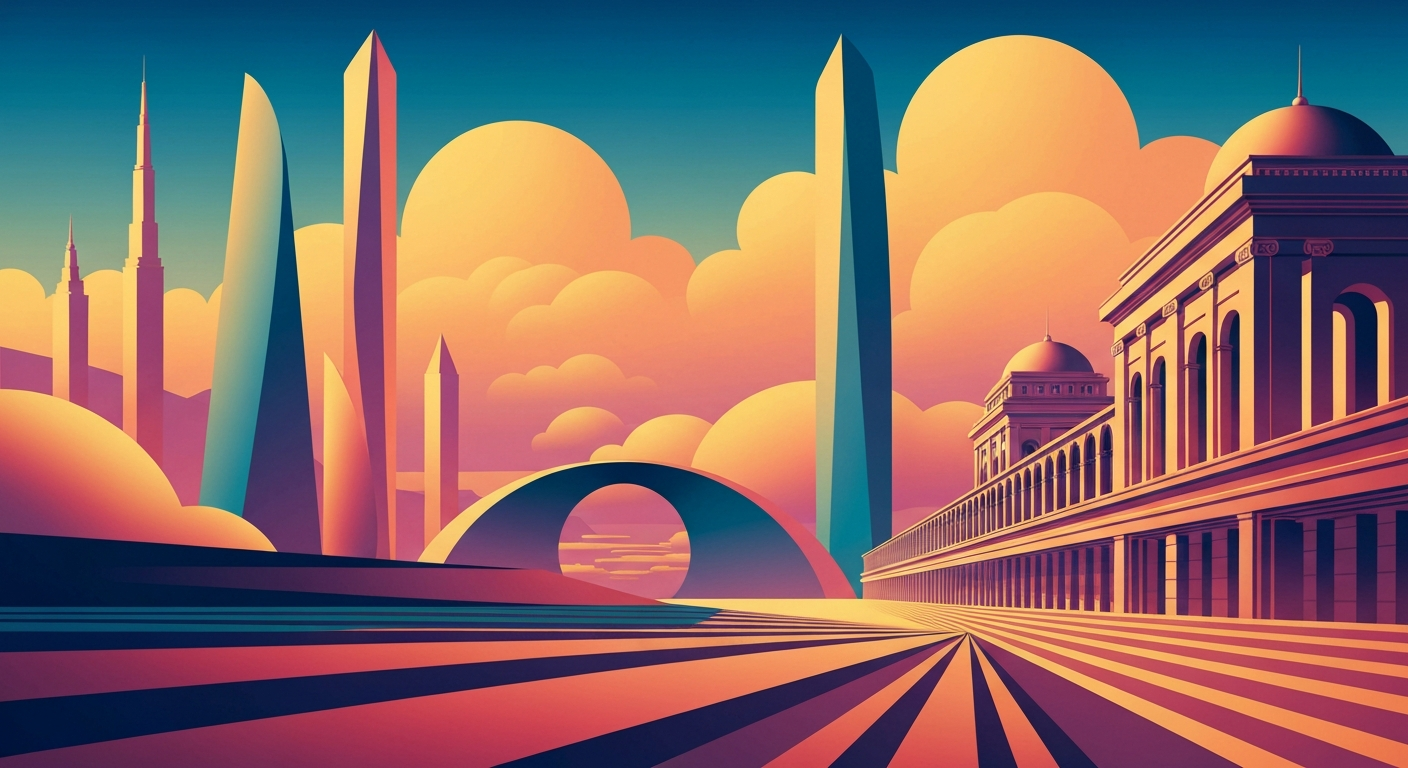 A highly stylized, geometric illustration featuring sweeping, smooth gradients in shades of blue and gray, conveying a sense of the grand scale and streamlined nature of air travel.