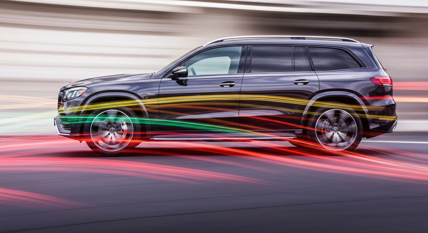 An abstract, motion-blurred image of a 2027 Mercedes-Benz GLS-Class SUV, with sweeping streaks of vibrant color conveying a sense of speed and luxury.