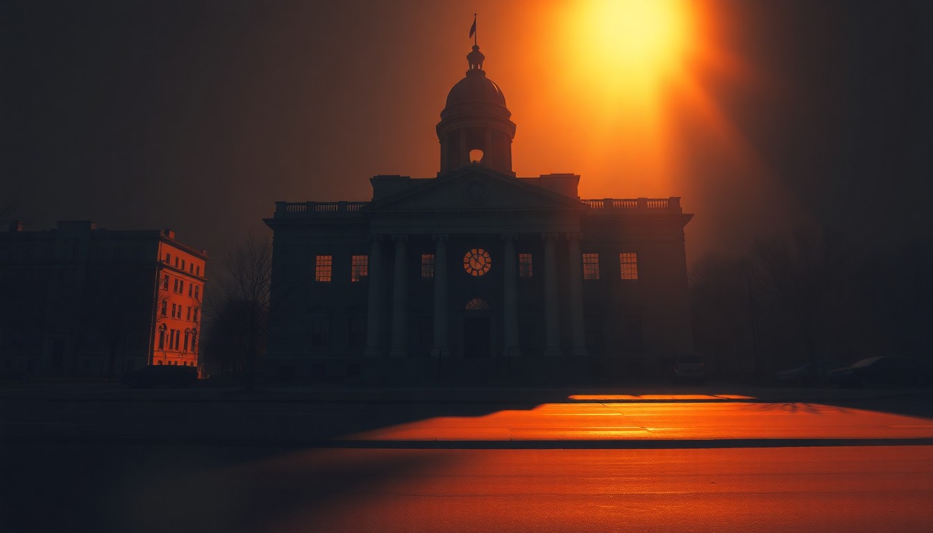 A realistic oil painting of a city hall building in warm, golden light, with deep shadows across the facade, conveying a sense of political tension and scandal.