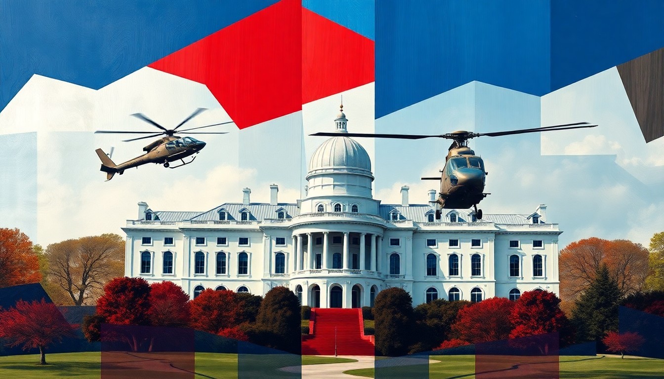 A fractured, abstract painting of a military helicopter flying over a large white mansion, with overlapping geometric shapes in deep blue, bright red, and metallic silver, conveying a sense of motion and tension.