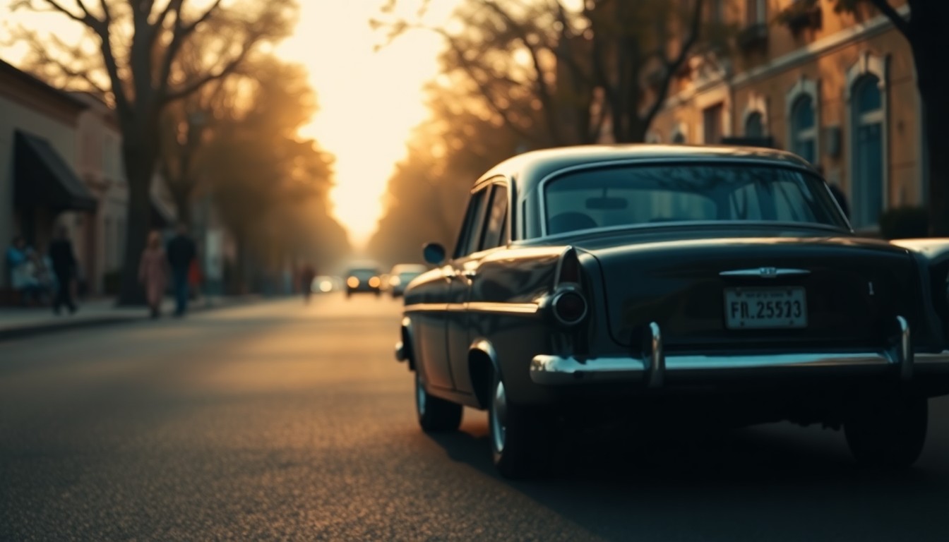 A hazy, dreamlike photograph in warm, golden tones depicting the blurred outline of a vintage car parked on a quiet, tree-lined street, with the indistinct silhouettes of passersby visible in the background, conveying a sense of nostalgia and the passing of time in a small town.