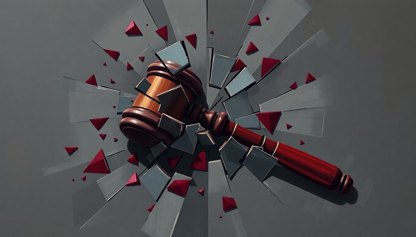 A fractured, abstract painting of a gavel repeatedly overlapping and shattering into pieces, conveying the breakdown of the justice system in the wake of Trump's controversial pardons.