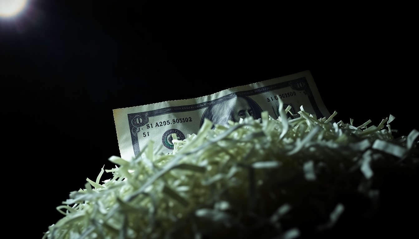 An extreme close-up of a shredded financial document partially illuminated by a harsh camera flash, conceptually representing the uncovering of alleged corruption in a San Francisco racial equity initiative.
