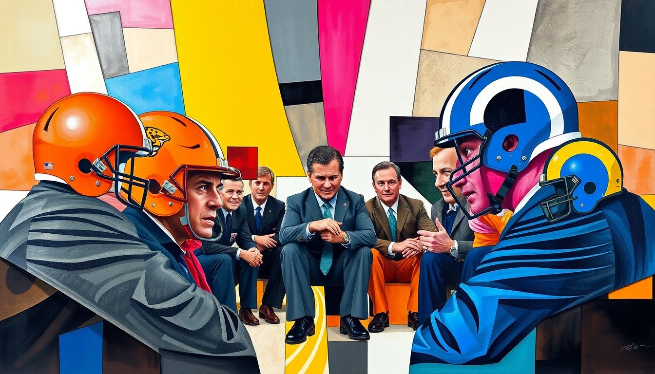 A cubist, fragmented painting depicting an NFL coaching staff meeting or group photo, with sharp, overlapping geometric shapes in the team colors of the Browns, Jaguars, and Rams, conveying the symbolic significance of the missed photo opportunity.