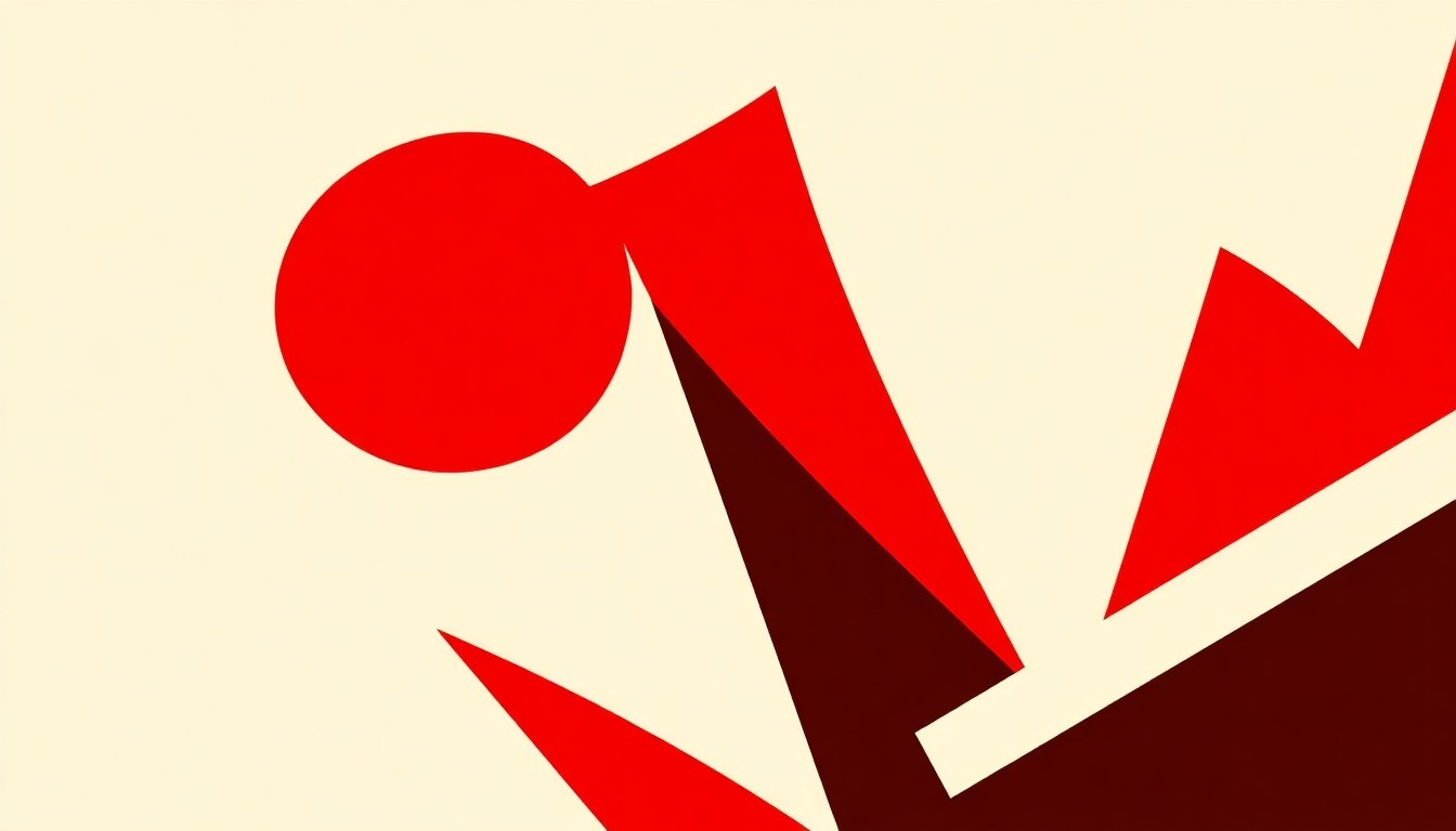 A dynamic, abstract composition of bold, geometric shapes in contrasting red and white, conceptually representing the creative energy and opportunities provided by the PHTLive Grant for aspiring undergraduate artists.