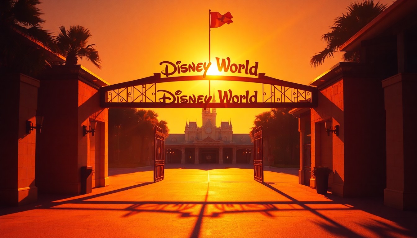 A serene, cinematic painting of an empty Disney World entrance gate, with the warm glow of the sun casting long shadows across the pavement and architecture, creating a sense of quiet contemplation amidst the absence of people.