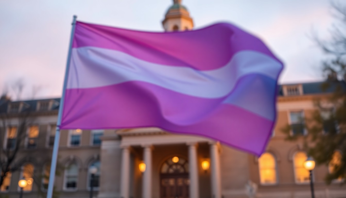 An abstract, impressionistic photograph showing the blurred outline of a waving transgender pride flag in front of a hazy, out-of-focus city building, captured in a warm, soft palette of pink, lavender, and golden light.