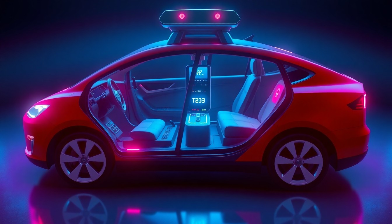 A highly detailed, luminous 3D illustration of the internal components and sensors of a Tesla robotaxi, glowing with neon cyan and magenta lights to represent the vehicle's remote control capabilities.