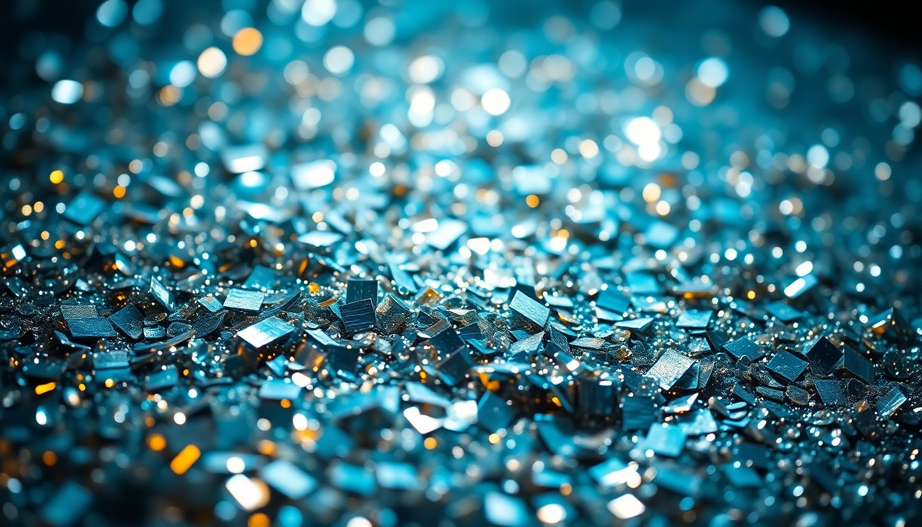 An abstract close-up photograph of shimmering, reflective sequins or shattered glass, using dramatic lighting to create a high-contrast, luxurious texture that evokes the energy and excitement of a music festival pre-party.