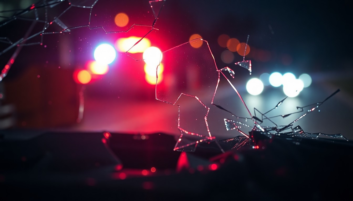 An extreme close-up photograph of a shattered car windshield reflecting the faint glow of emergency lights, conceptually illustrating the aftermath of a fatal crash.