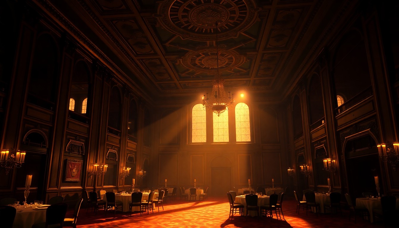 A softly lit, cinematic painting of the ornate, shadowy interior of a grand ballroom, evoking a sense of nostalgia and the political tensions surrounding Trump's real estate ambitions.