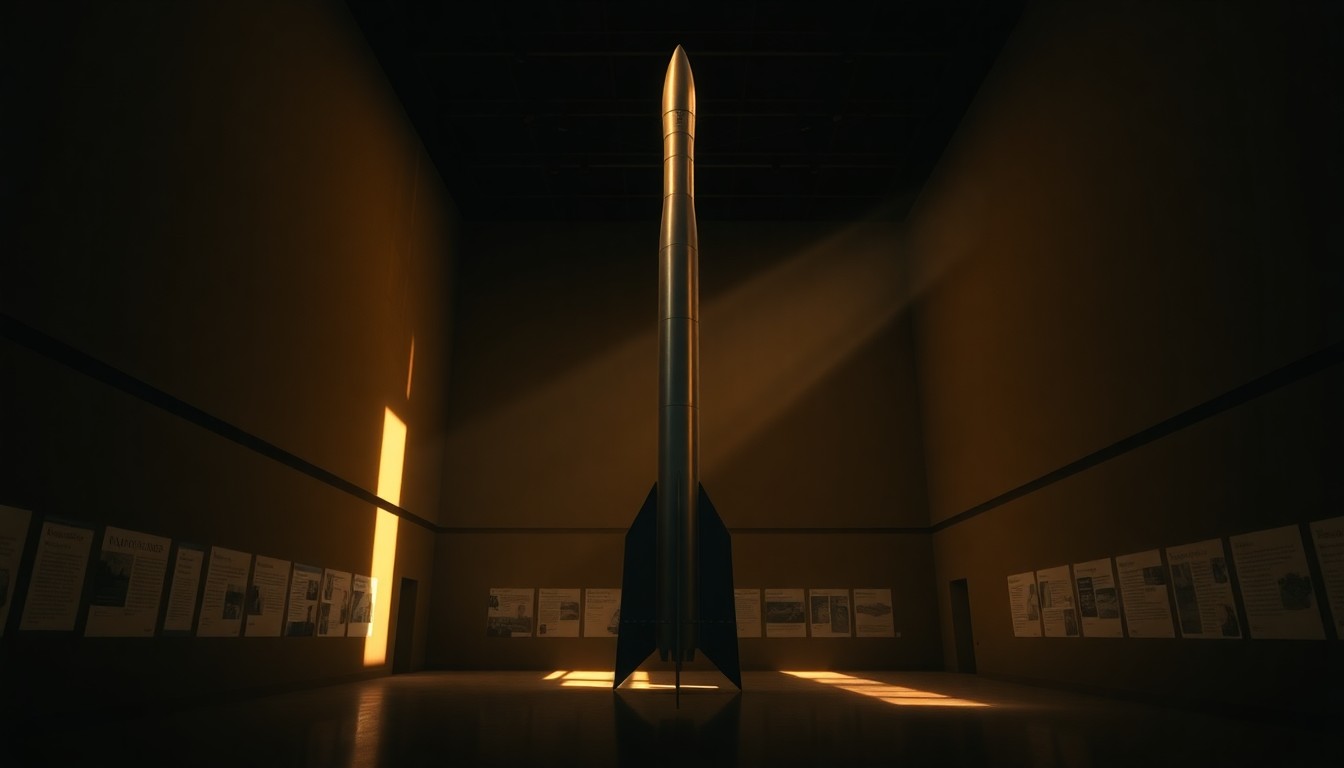 A solitary, towering Minuteman III missile stands in a dimly lit museum gallery, its surfaces reflecting warm, diagonal beams of light, conveying the solemn significance of North Dakota's strategic nuclear defense role.