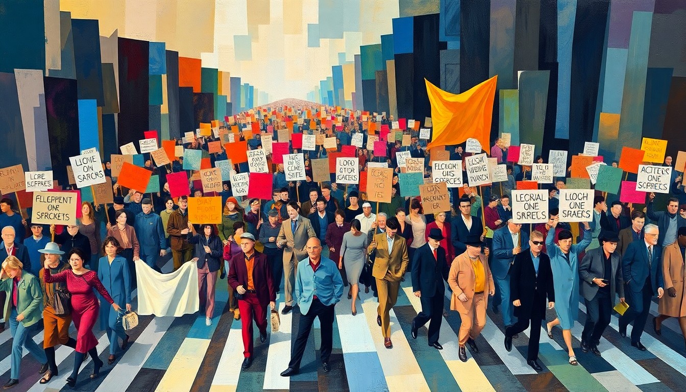 A vibrant, abstract painting of a crowd of protesters marching, their figures repeated in overlapping, fractured geometric shapes and waves of color, conveying a sense of energy and movement.