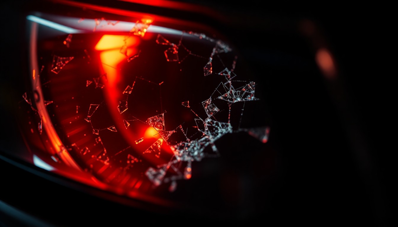 An extreme close-up photograph of a shattered car sensor lens reflecting a faint red light, conceptually illustrating the aftermath of a violent crime.