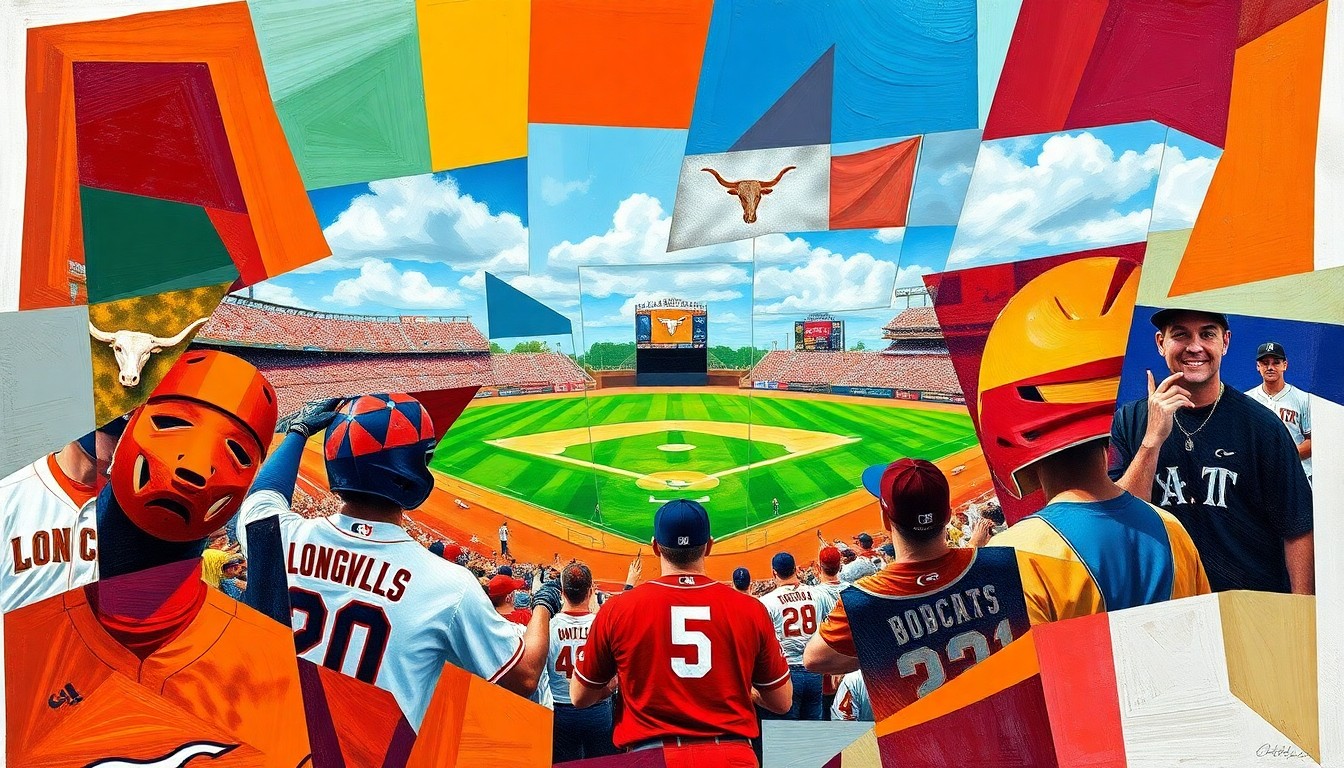A fractured, cubist-style painting depicting the action of a college baseball game, with sharp geometric shapes and planes of bright, contrasting colors representing the players, field, and stadium.