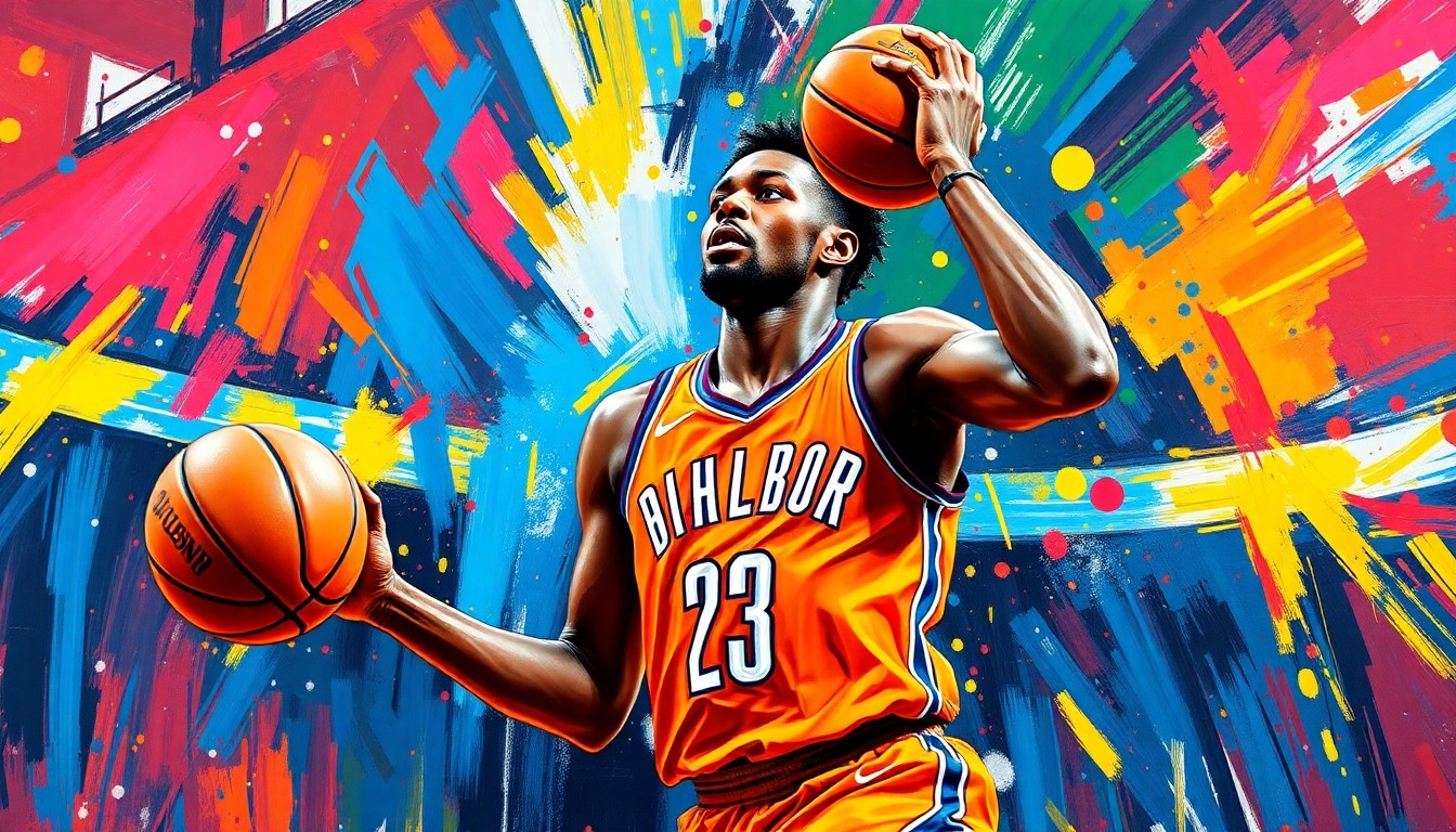 An abstract, energetic painting featuring bold brushstrokes in neon shades of blue, orange, and purple, capturing the dynamic scoring and playmaking of a basketball player in motion, representing Shai Gilgeous-Alexander's clutch performance for the Oklahoma City Thunder.