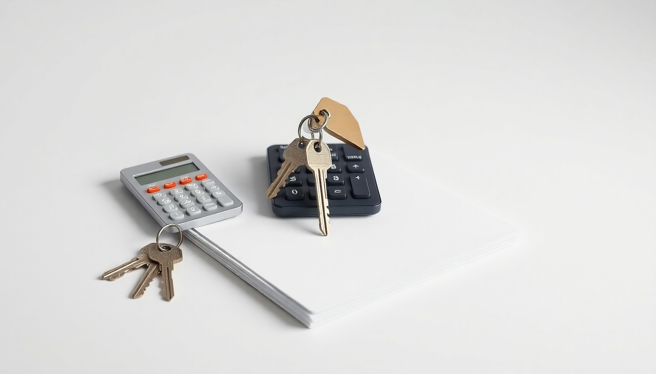 A minimalist, photorealistic studio still life featuring a set of house keys, a calculator, and a stack of documents, representing the financial planning and paperwork involved in the homebuying process.