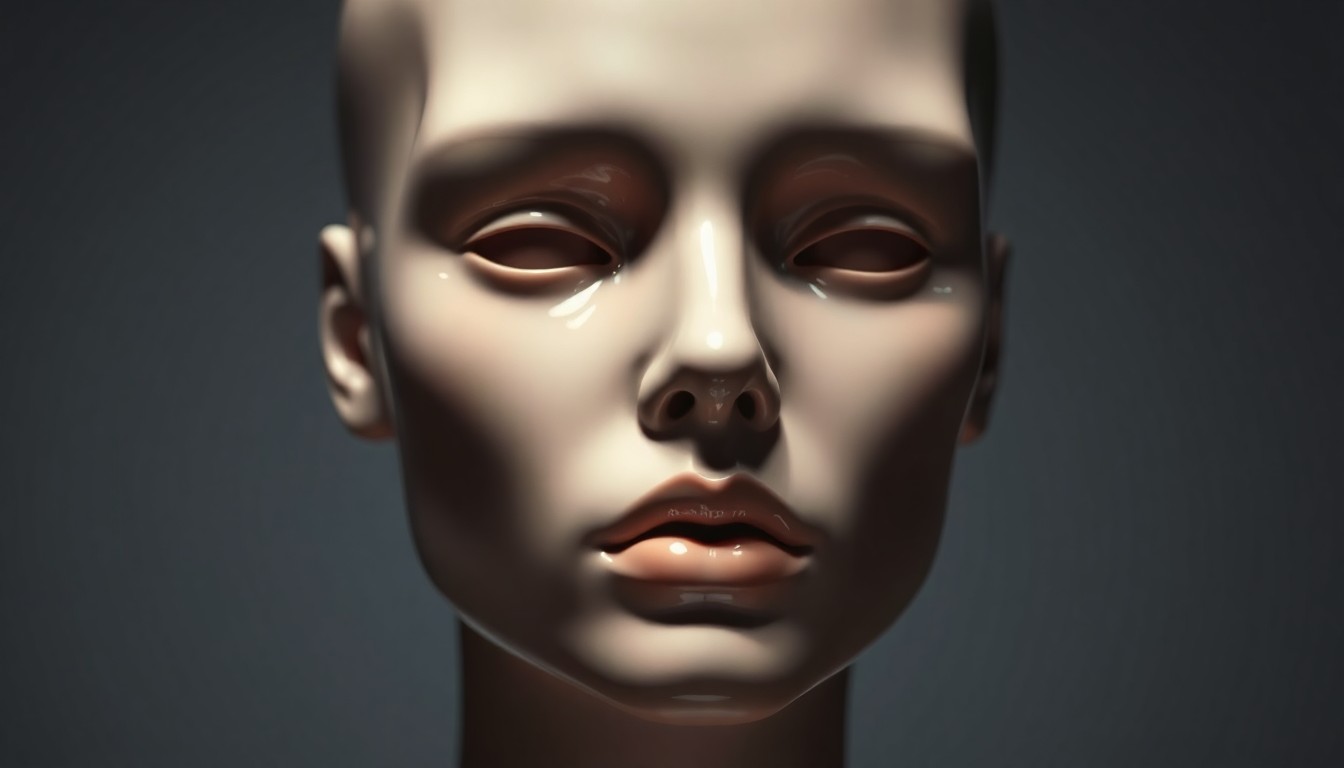 An extreme close-up of a melting mannequin face, captured in high-contrast lighting to create a surreal, unsettling glamour aesthetic that conceptually represents the unsettling visuals of the Backrooms horror film.