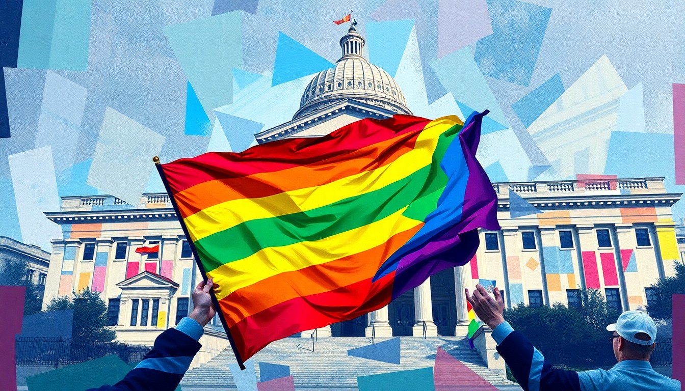 A fractured, abstract painting depicting the forcible removal of an LGBTQ+ pride flag from a government building, with overlapping geometric shapes and bold, clashing colors conveying a sense of political disruption and tension.