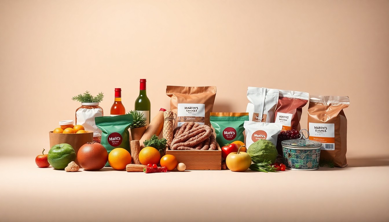 A high-end studio still life photograph featuring a collection of carefully arranged premium grocery items like fresh produce, meat, and dairy products on a clean, minimalist background, conveying the refined, updated look and feel of the renovated Martin's supermarket.