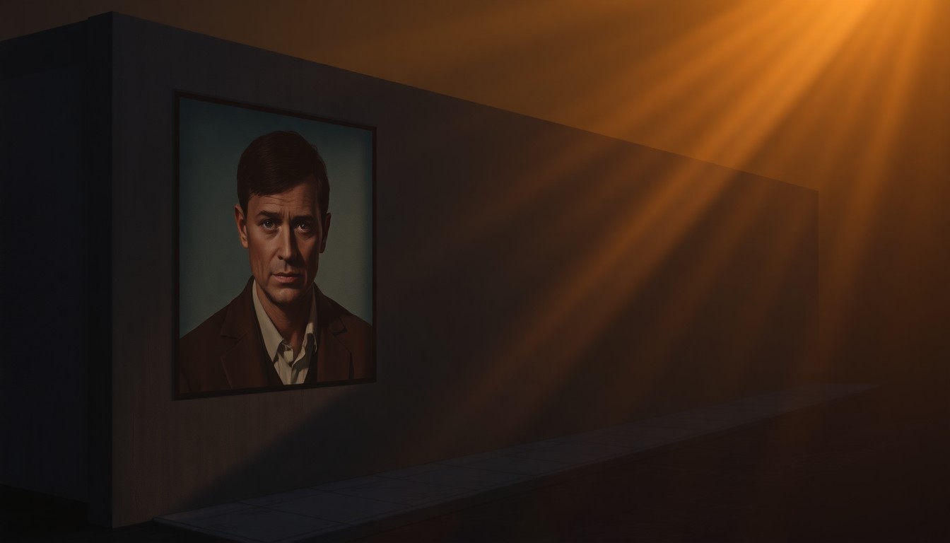 A cinematic painting of a mural depicting a woman's portrait, with warm sunlight and deep shadows creating a somber, reflective mood.