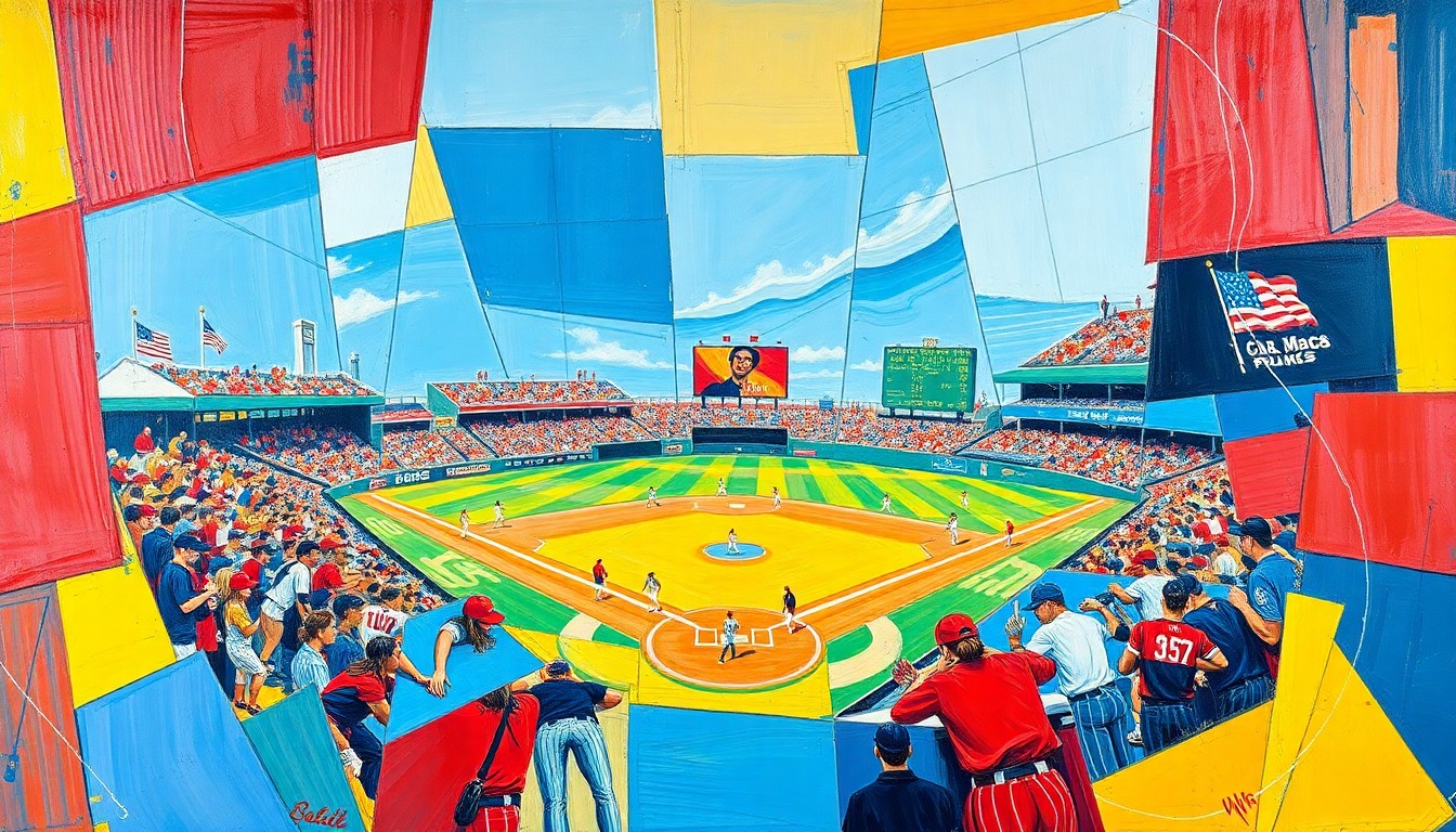 A cubist, geometric painting depicting a women's baseball game, with overlapping planes of vibrant colors representing the dynamic action on the field.