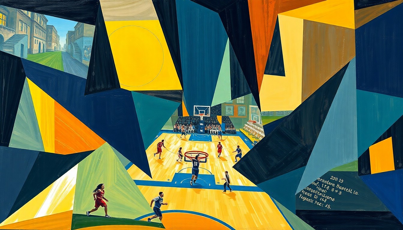 A fragmented, cubist-style painting depicting a WNBA basketball game broken down into sharp, overlapping geometric shapes and planes, capturing the dynamic movement and energy of the sport.