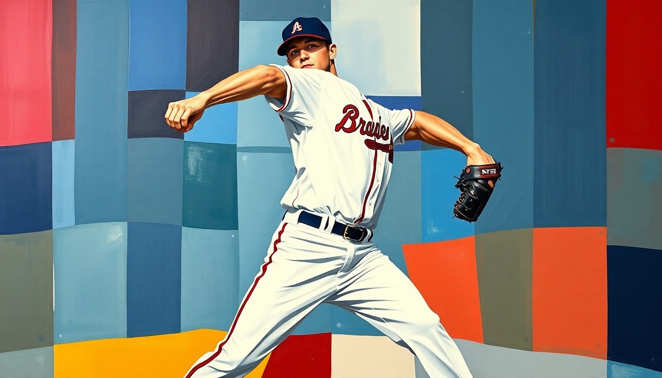 A fractured, geometric painting depicting the dynamic motion of a baseball pitcher, with sharp planes of navy blue, red, and white representing the Atlanta Braves' uniform colors.