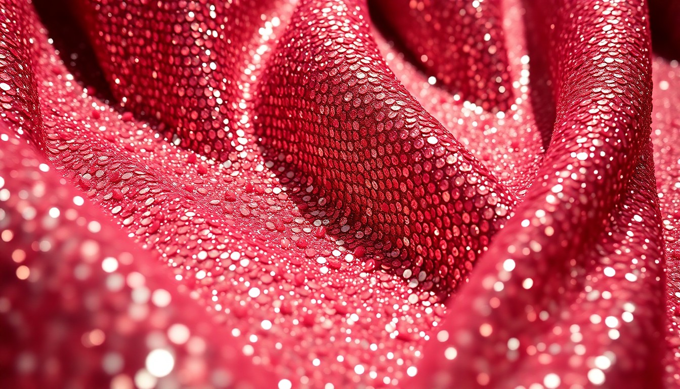 An abstract close-up image of shimmering, high-contrast sequins and luxurious fabric textures, evoking the glitz and energy of a celebrity red carpet event.