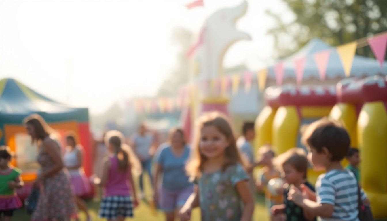 An extremely abstracted, out-of-focus photograph in soft pools of warm color and light, depicting a blurred scene of families and children enjoying various activities at an outdoor festival.