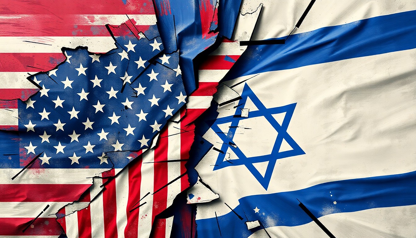 A dynamic, abstract painting featuring overlapping, fragmented shapes and lines in red, white, and blue representing the American flag, and blue and white representing the Israeli flag, conveying a sense of political turmoil and conflict.