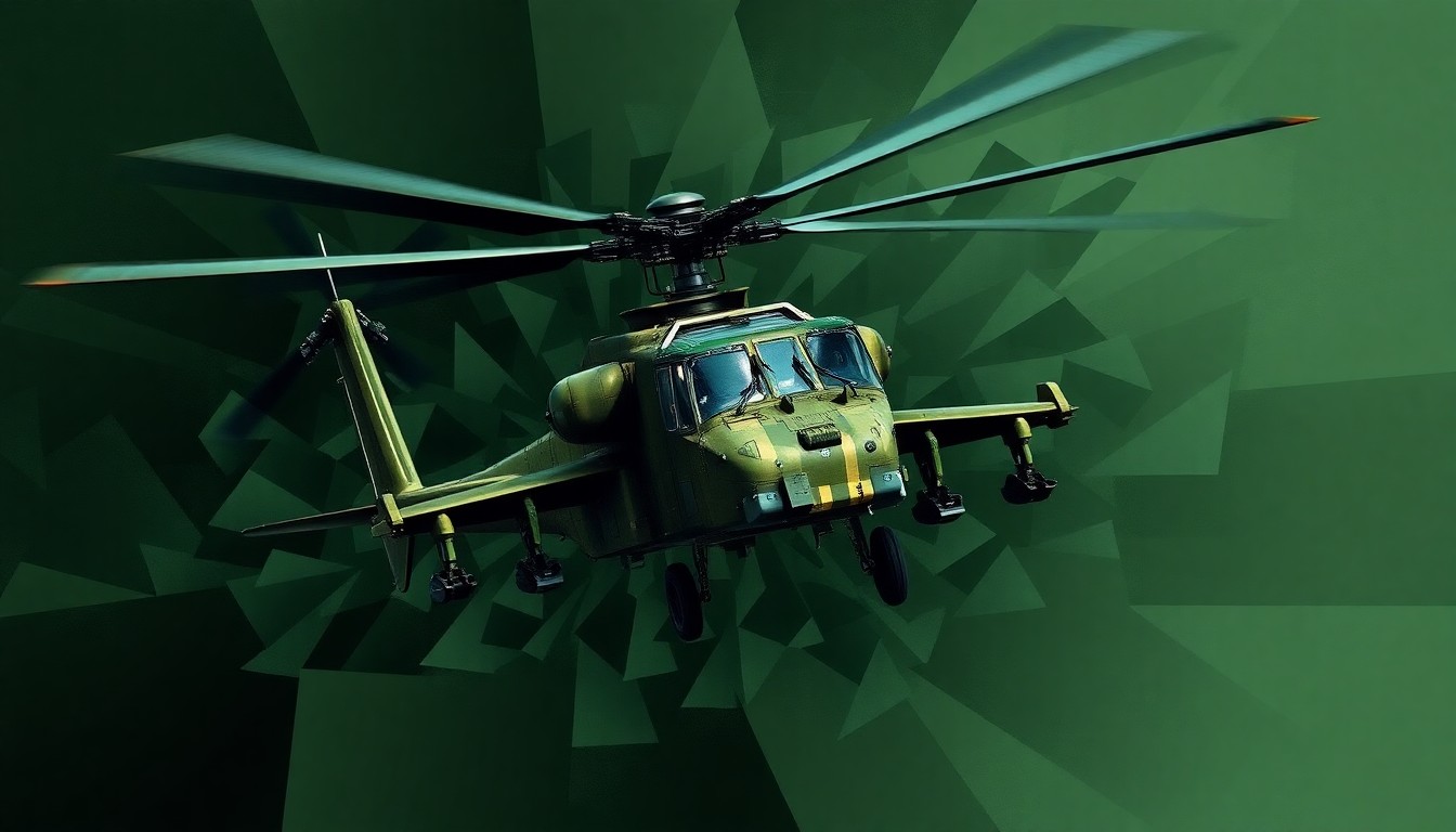 A vibrant, abstract painting depicting the fractured, overlapping silhouette of an Apache helicopter in flight, rendered in shades of green and gray, conveying a sense of speed and motion.