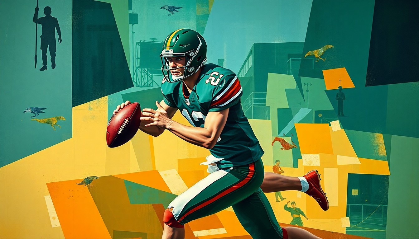 A fractured, geometric painting depicting a college football quarterback in motion, with sharp planes of deep blues, forest greens, and burnt oranges, conceptually representing the multi-faceted talent and potential of Trinidad Chambliss.