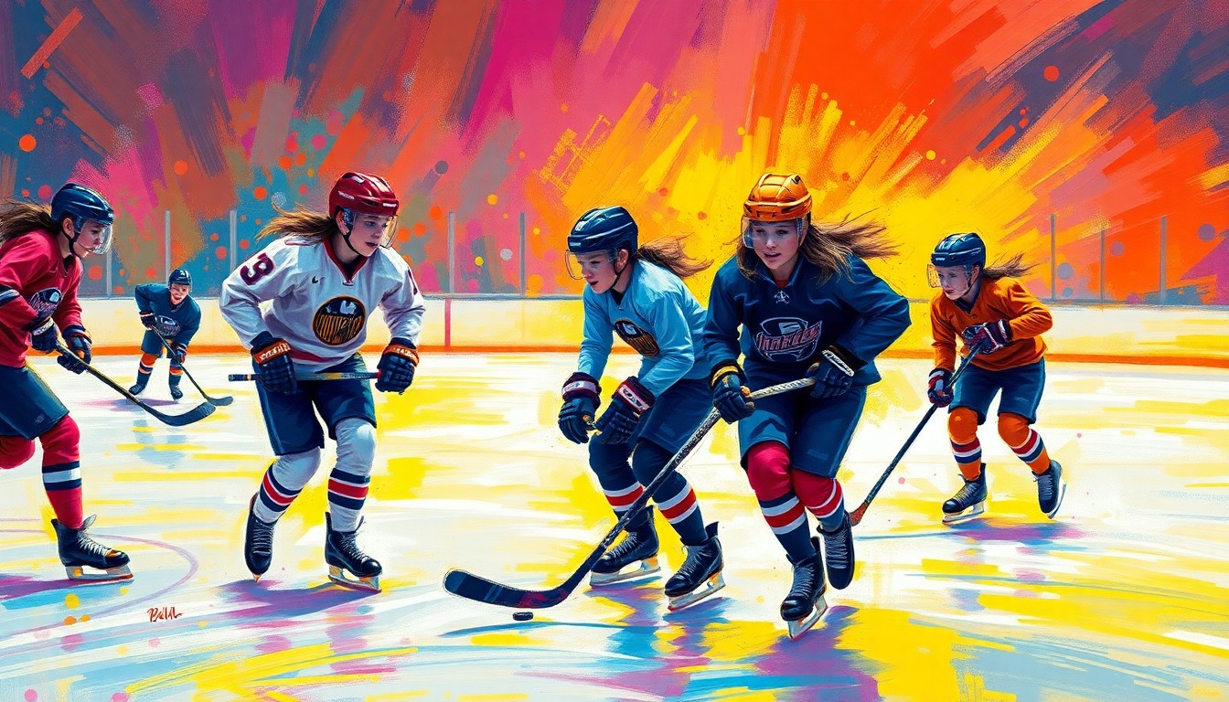 An energetic, expressionist painting in neon colors depicting a girls' hockey clinic, with Keller leading the young players on the ice and their movements captured in dynamic brushstrokes.
