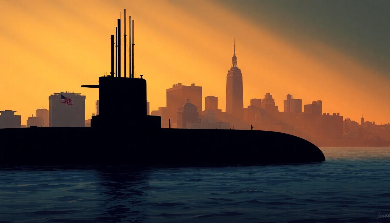 A serene oil painting depicting the outline of a submarine against the backdrop of the Boston skyline, with warm sunlight and deep shadows creating a contemplative, cinematic mood.