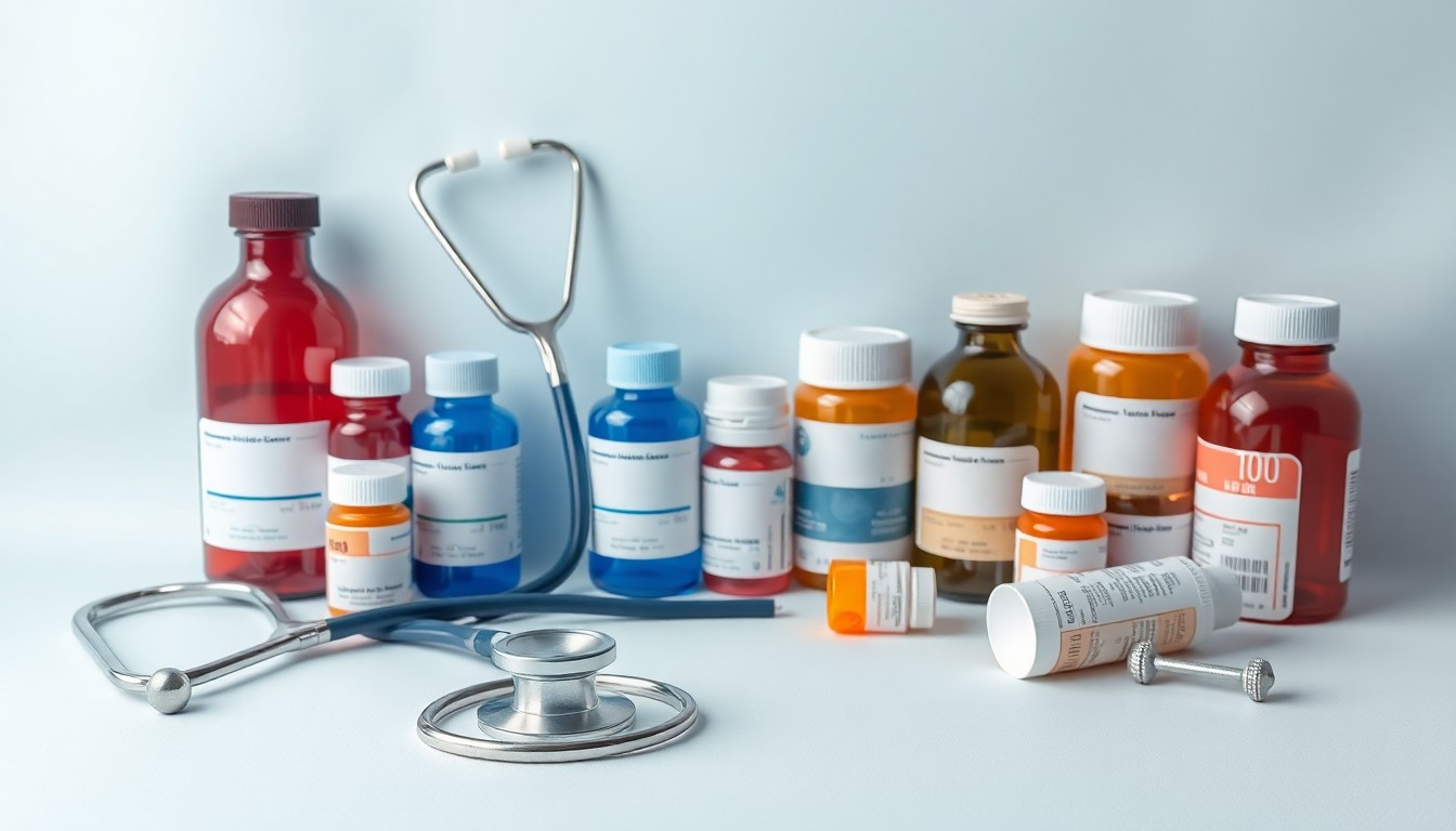 A photorealistic studio still life featuring a stethoscope, dental mirror, and prescription medication bottles arranged on a clean, minimalist background, representing the healthcare initiatives supported by the grant funding.