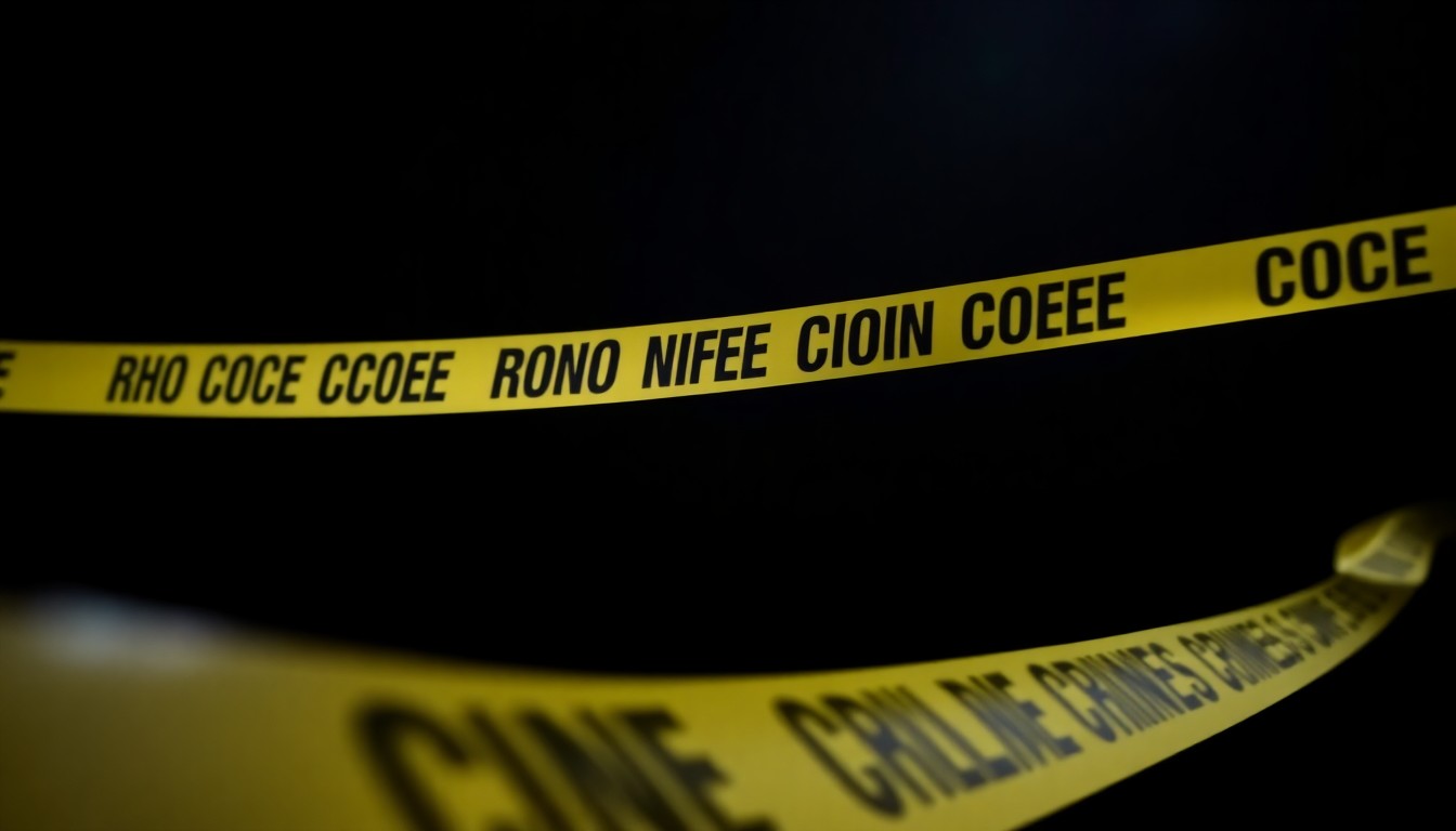 An extreme close-up photograph of police crime scene tape against a pitch-black background, lit by a harsh, direct camera flash, conceptually illustrating the tense and urgent nature of a police response near schools.