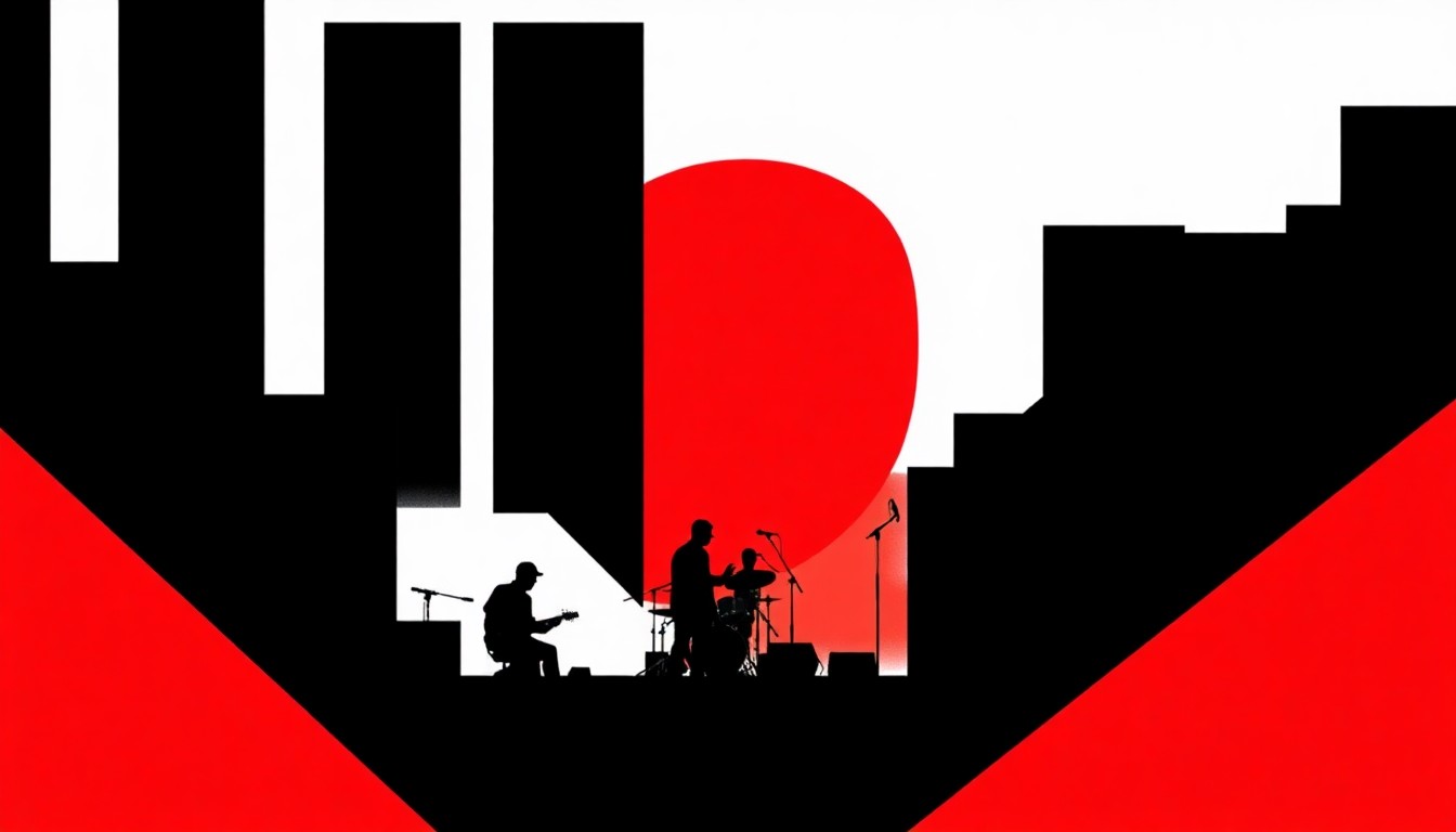An abstract, minimalist illustration featuring bold, jagged black silhouettes of musicians on a rooftop against a backdrop of striking red and white geometric shapes, conceptually representing Weezer's surprise pop-up concert and upcoming tour.