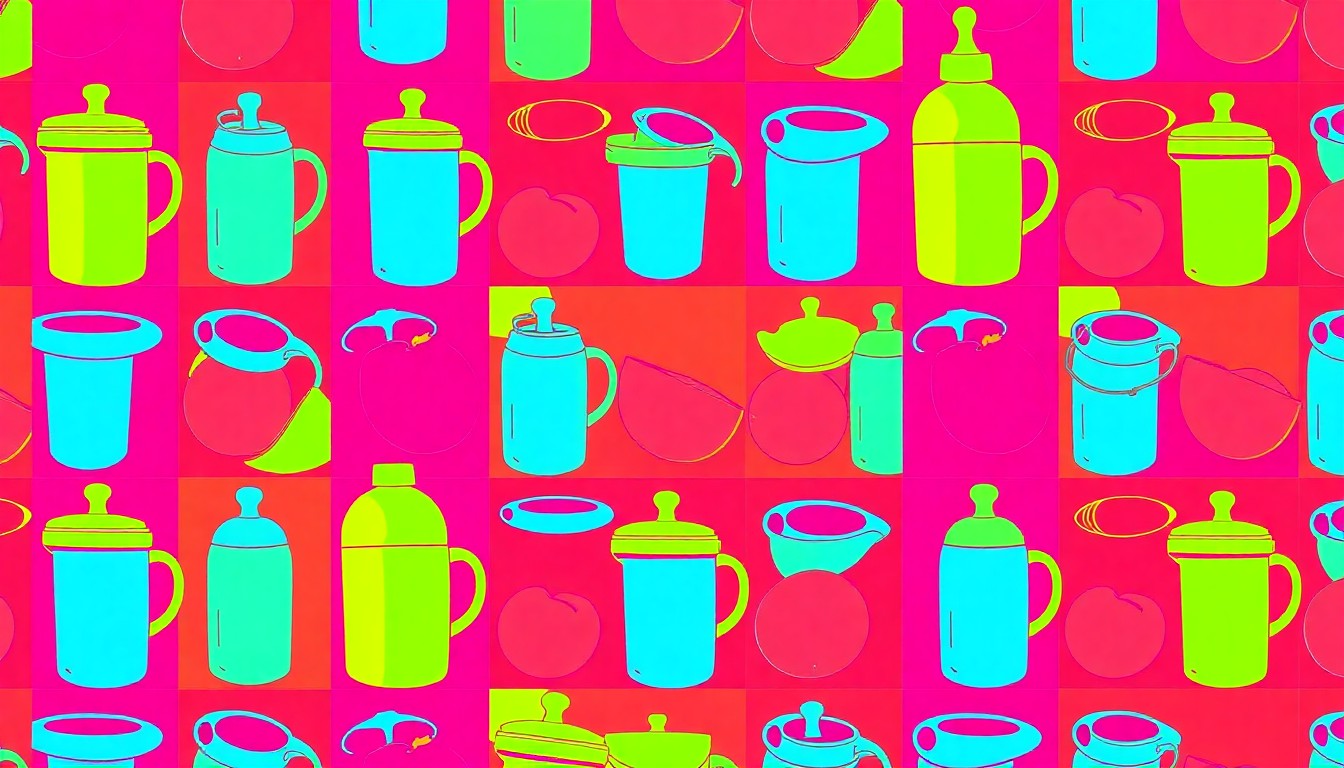 A brightly colored, high-contrast silkscreen print of a baby bottle repeated in a tight grid pattern, conceptually representing the essential items and routines of new parenthood.