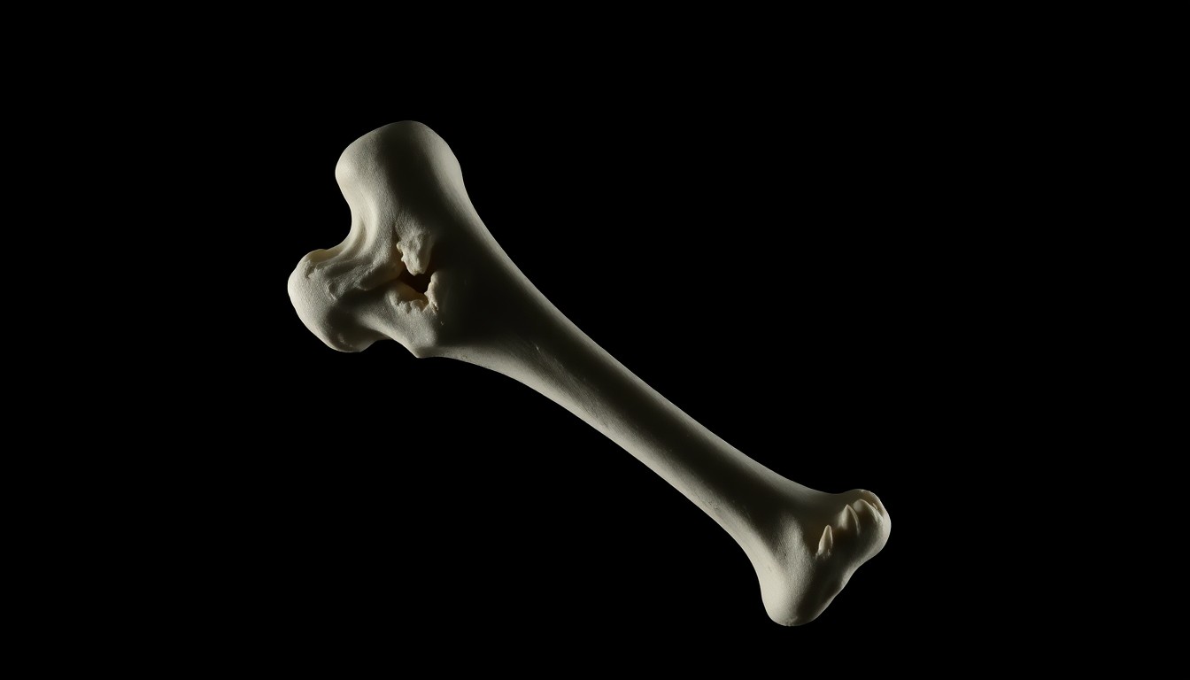 An extreme close-up photograph of a single human bone, such as a femur or rib, lit by a harsh, direct camera flash against a pitch-black background, creating a stark, gritty, investigative aesthetic.